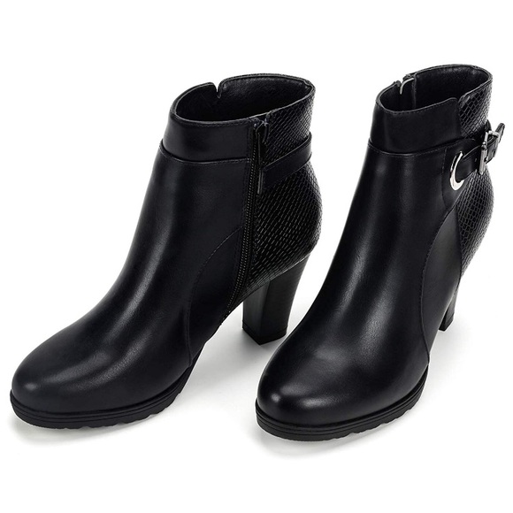 Mixed Snake- Black Bootie Chunky Heel Buckle Strap Ankle - Picture 3 of 11